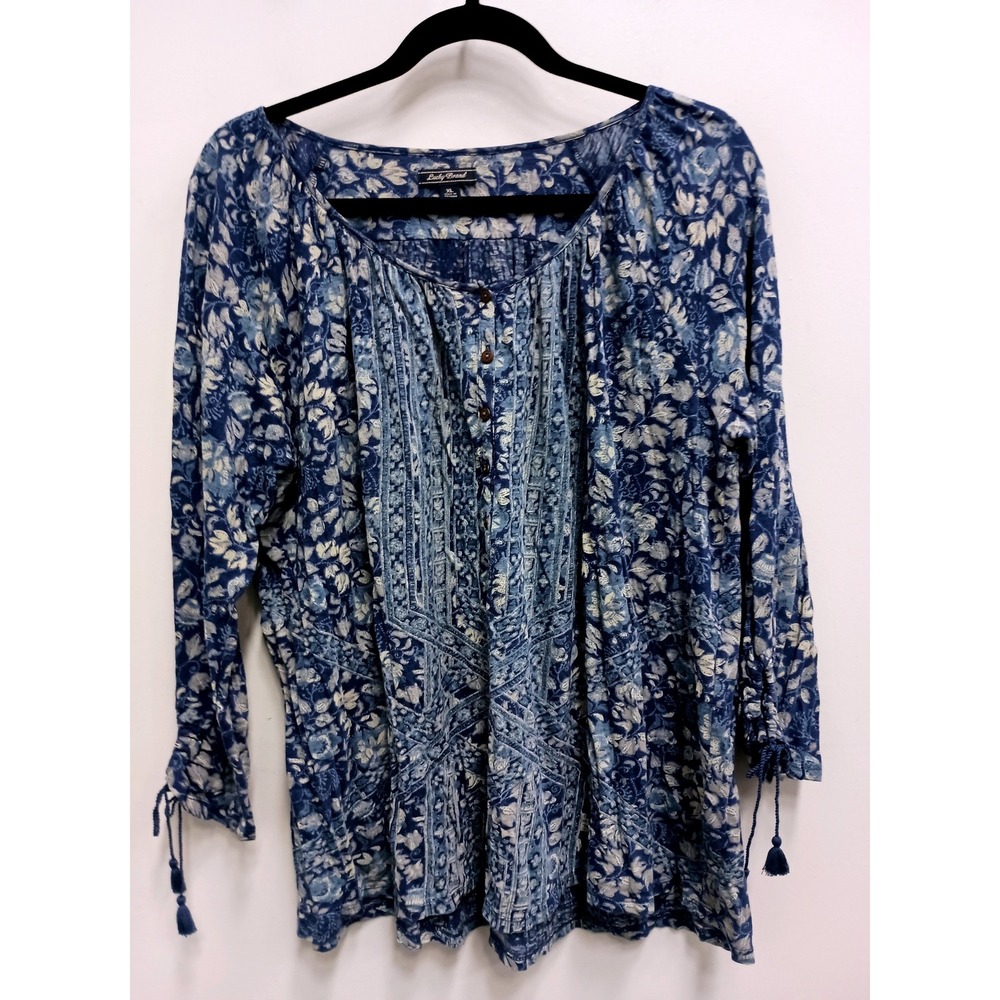 Lucky Brand Blouse Womens XL Blue Floral Boho Peasant Top Tassel Sleeve Pintuck